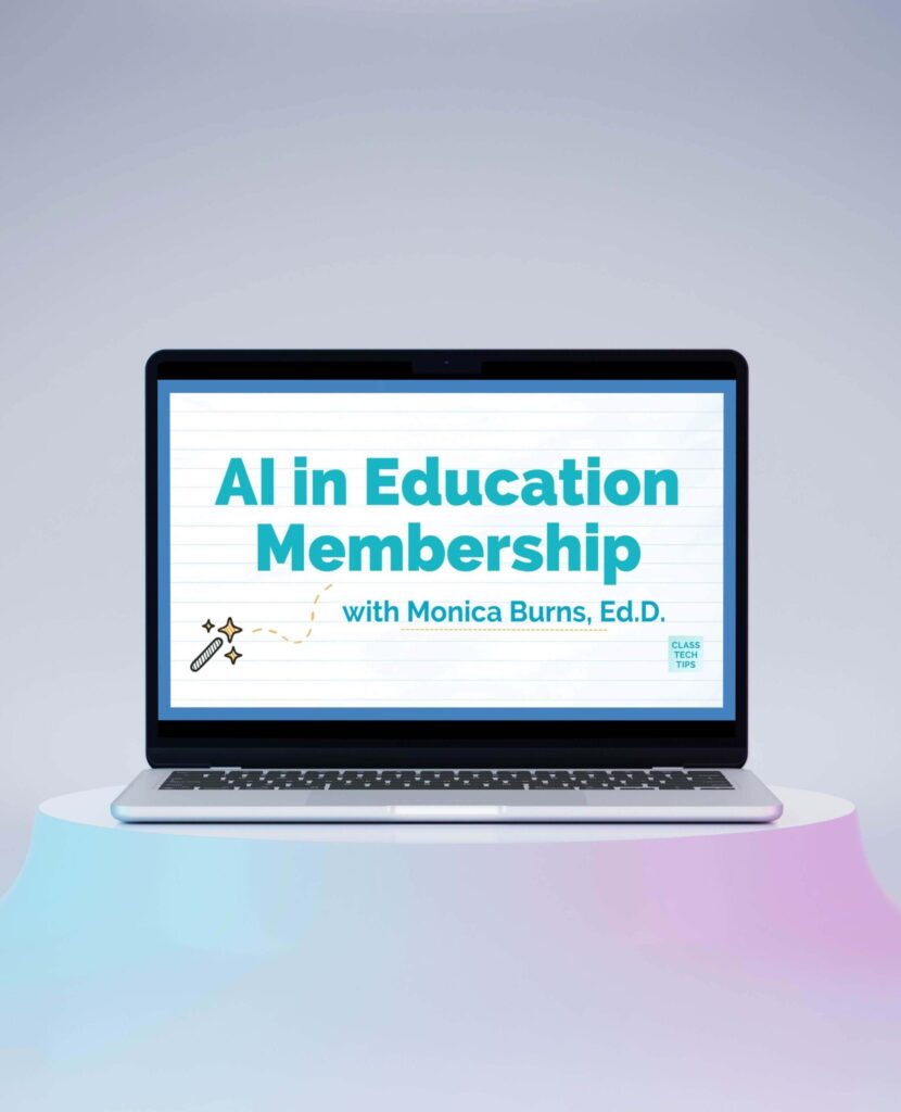 Laptop screen displaying the AI in Education Membership with Monica Burns, promoting professional learning for K-12 educators.