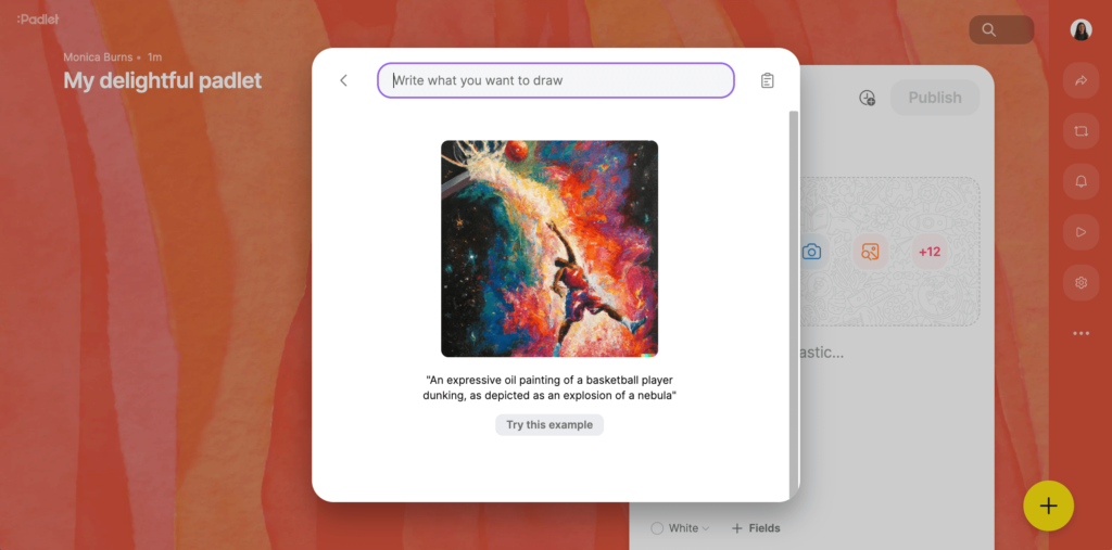 Padlet interface demonstrating how to use AI images to create visual content, featuring an expressive oil painting generated from a descriptive prompt.