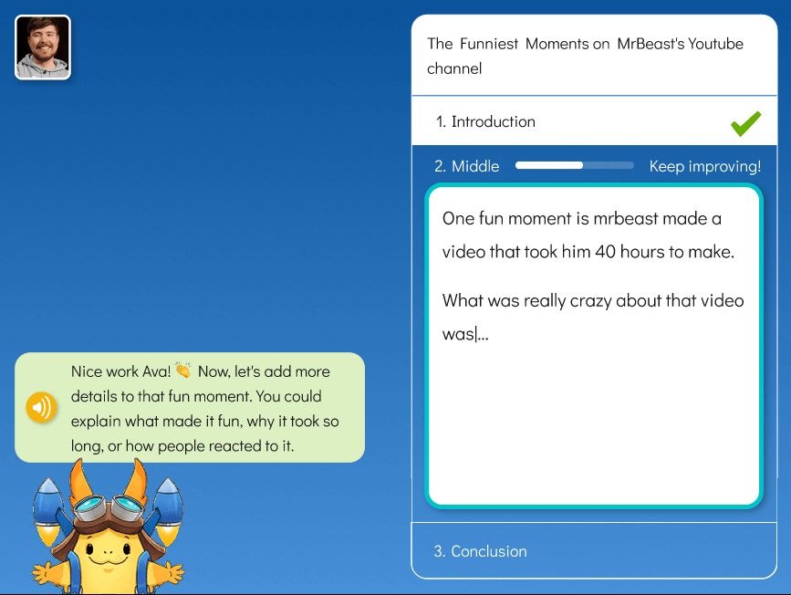 Close-up view of the eSpark Writing tool on a computer screen, highlighting the interactive elements and real-time correction features for student use.