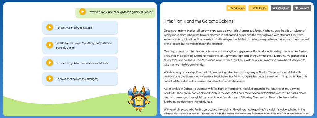 Interface of an AI tool generating customized reading passages and corresponding questions, highlighting the personalization feature.