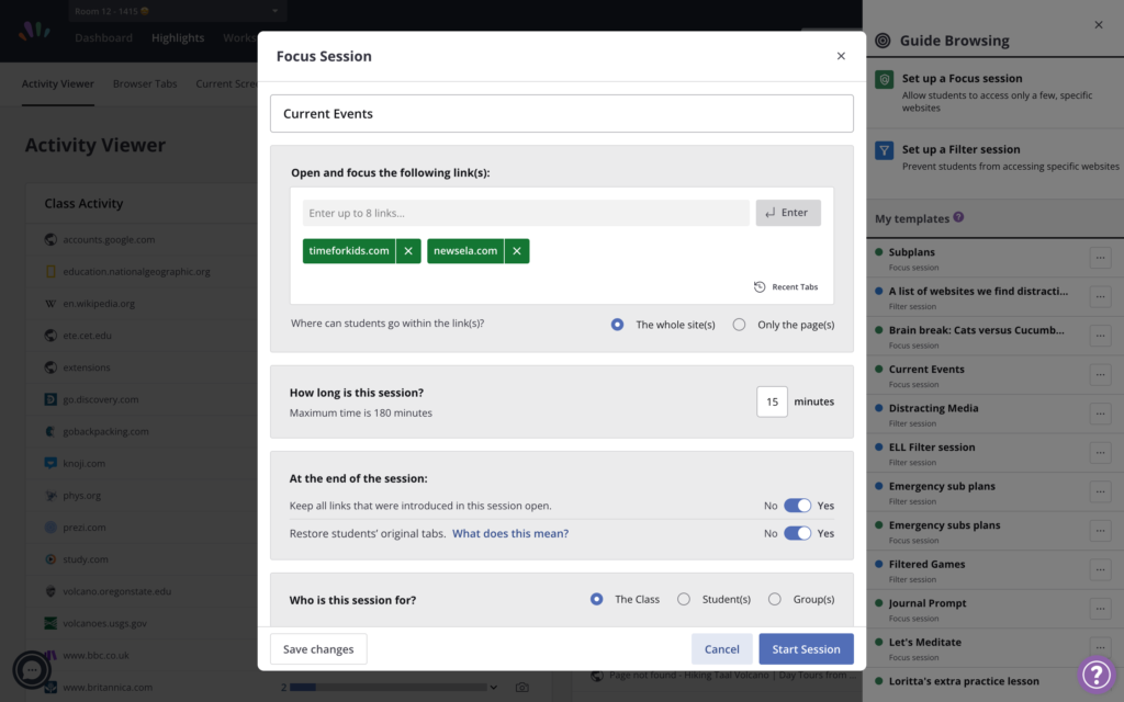 Screenshot of Hāpara Highlights’ Focus Session feature for developing executive function skills, allowing educators to guide students' online activity and reinforce task completion strategies.