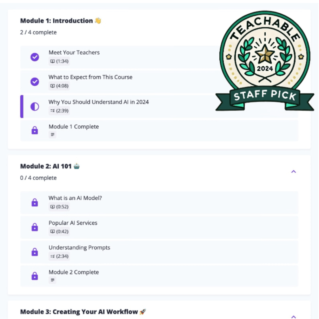 Free AI course for educators, featuring the Teachable Staff Pick badge. Course includes modules on AI fundamentals and practical applications in teaching.