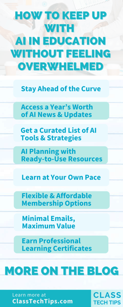 Infographic listing tips for K-12 educators on how to keep up with AI in Education, including curated tools, flexible PD, and learning certificates.