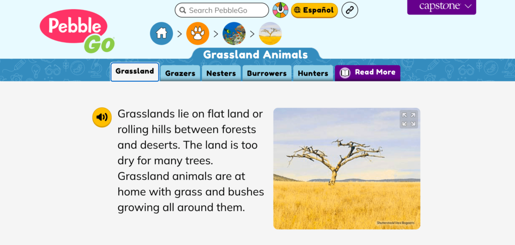 A snapshot of the interactive PebbleGo website, showcasing its features to help students develop their reading and literacy abilities.