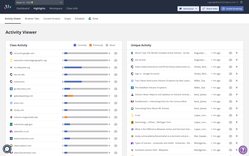 Image demonstrating Hāpara’s Activity Viewer, a tool for keeping learners safe online through real-time tracking of students’ digital activity.